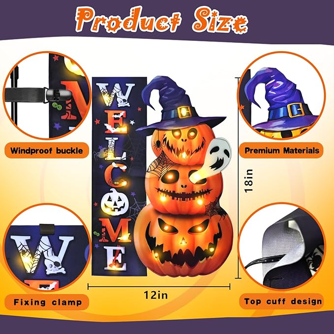 Halloween Lighted Garden Flag, Solar Yard Flag for Outside, 8 Modes Double Sided Welcome Halloween Pumpkin Outdoor Decorations for Home Porch (Pumpkin-12x18)-Ruum Studio Home