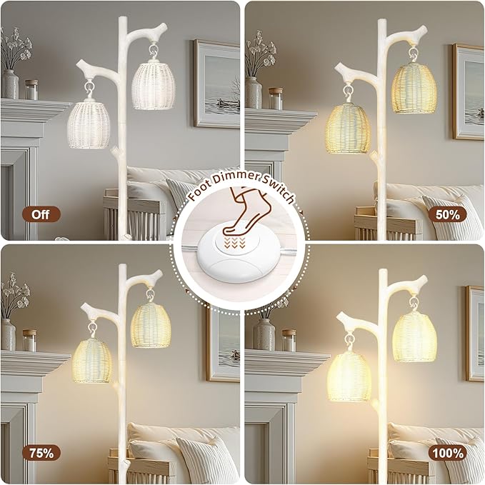 Scenekoy Rustic 68” Tall Floor Lamp with Rattan Shade, Retro Standing Lamp Tree Trunk Washed White Finish & Resin Body, Dimmable Corner Lamp with Bulb Prefer for Living Room Bedroom Home Decor-Ruum Studio Home