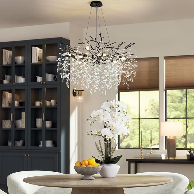 Modern Black Crystal Tree Branch Chandelier, 10-Light 30" Black K9 Crystal Chandeliers for Dining Room, Round Chandelier for Living Room,High Ceiling,Kitchen Island,Foyer,Staircase-Ruum Studio Home