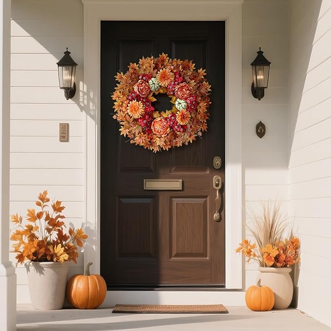 26" Fall Wreath for Front Door - Large Artificial Maple Leaves Fake Silk Peony Faux Pumpkin Outdoor Wreath for Porch, Window,Farmhouse,Home,Thanksgiving Day Harvest Festival Autumn Decor-Ruum Studio Home