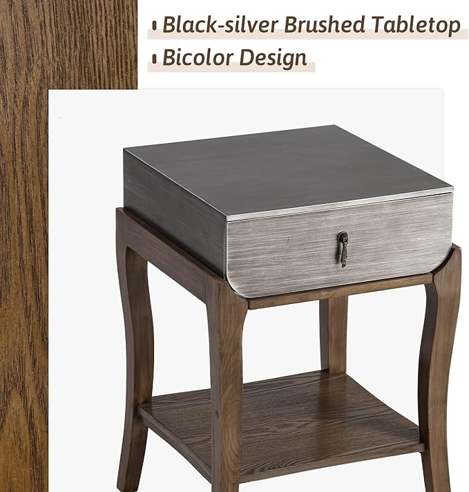 COSIEST Rustic Nightstand, 2-Tier Farmhouse Bedside Table, Wood Accent End Table with Storage Drawer and Open Display Shelf for Bedroom Nursery Living Room (Black & Silver)-Ruum Studio Home