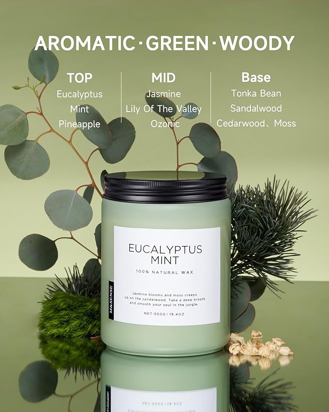 M&SENSE Eucalyptus & Mint Candles for Home Scented, 19.4oz 110 Hours Burn Soy Aromatherapy Candle Gift for Stress Relief, Meditation, Yoga, Relaxing SPA, Natural Soy Wax for Men and Women-Ruum Studio Home