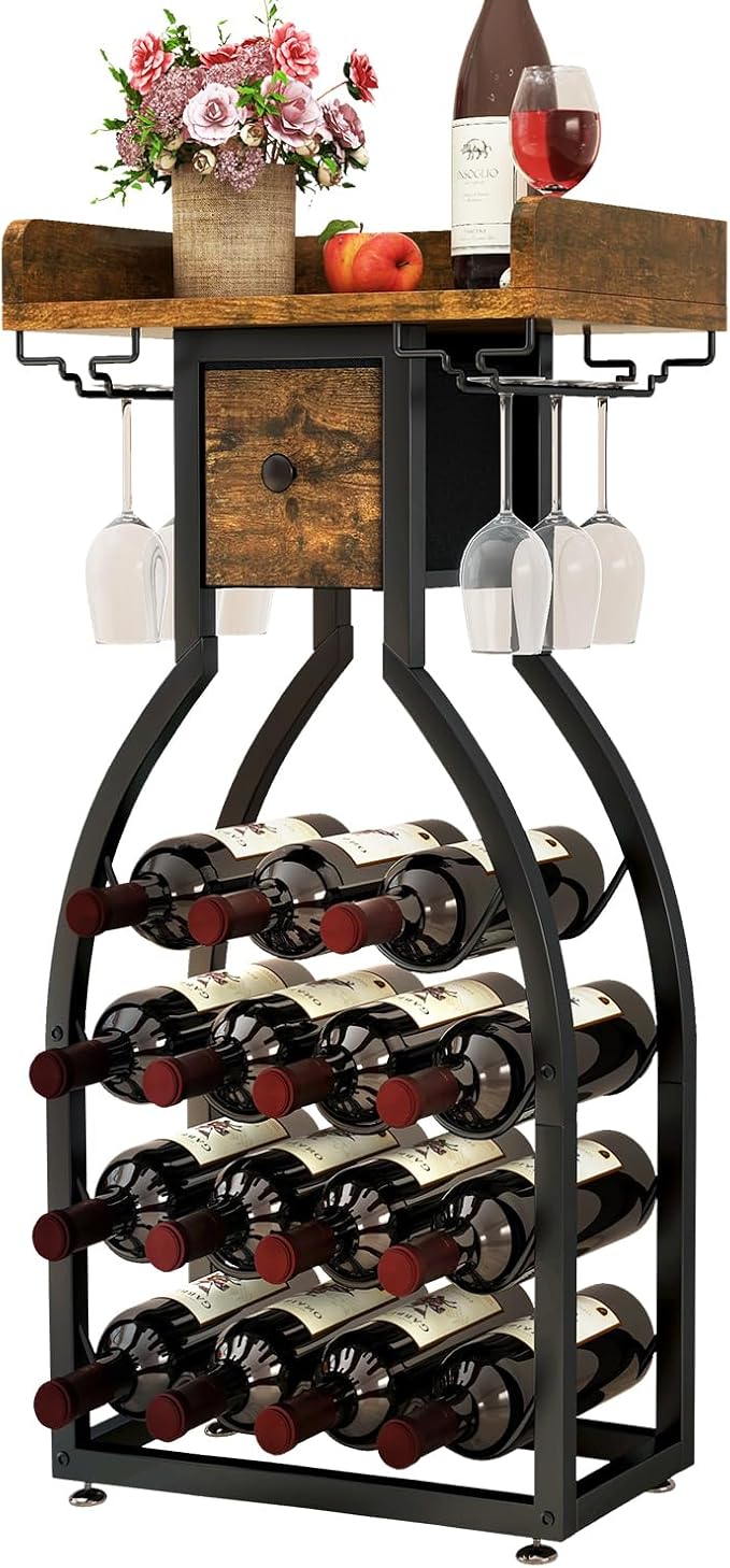 IBUYKE Wine Rack Freestanding Floor,Wine Storage 15 Bottles Bottle Rack with Glass Holders, Mini Bar Wine Cabinet with Storage Drawer for Home Bar Kitchen Dining Room,Rustic Brown,UTMJ908H-Ruum Studio Home