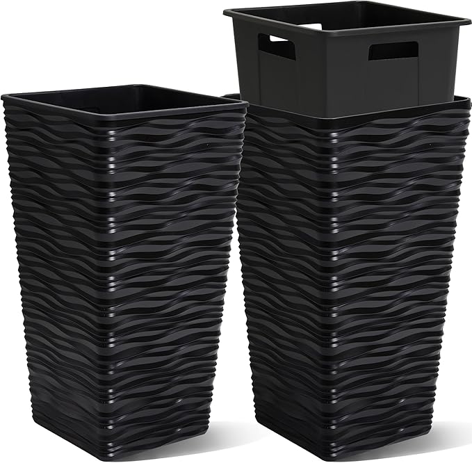 Worth Garden 2-Pack 22" H. Black Square Tapered Planter with Inside Pots - Plastic Plant Pots for Indoor Outdoor - Modern Wavy Finish Decorative Flower Pots for Front Porch Containers Patio Deck-Ruum Studio Home