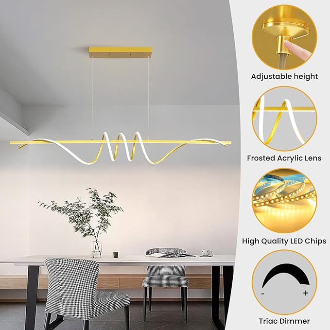 Modern Design Dimmable Desk Linear Pendant Light, with Remote Control Dimmable 3 Color Mode & Brightness Ceiling Lamp, Anti-Flicker Dining Light Fixture for Kitchen, Dining Room (Gold, 57IN)-Ruum Studio Home