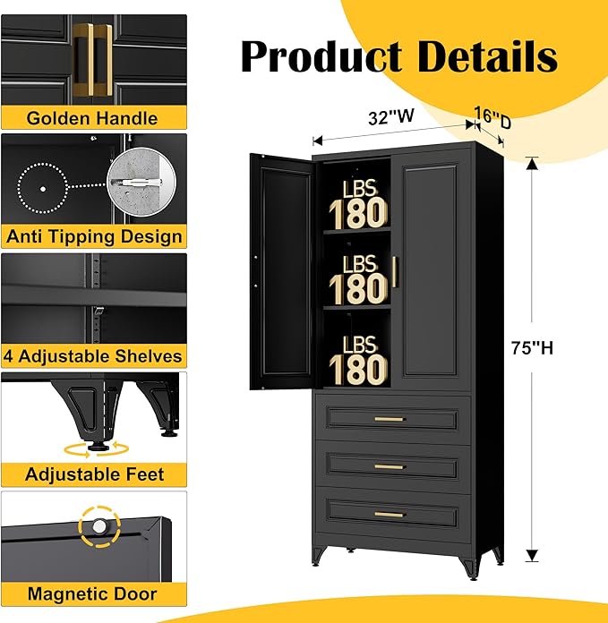 75" Kitchen Pantry Cabinet with 3 Drawers,Metal Storage Cabinets with Doors and 4 Adjustable Shelves,Black Kitchen Cabinet with 2 Gold Handles,Food Cupboard for Livingroom, Bathroom,Pantry-Ruum Studio Home