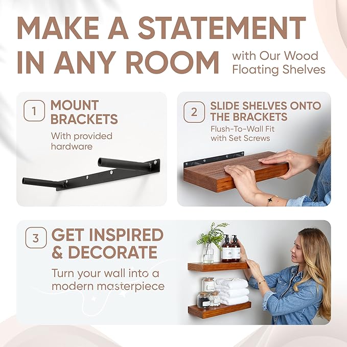 Homeforia 16 inch Oak Floating Shelf, High End Solid Real Wood 16inch Small Floating Shelves for Wall Mounted, Honey Oak Wooden 16in Floating Shelves, Heavy Duty Bracket, 16 X 6.5 X 1.75 in, Set of 4-Ruum Studio Home