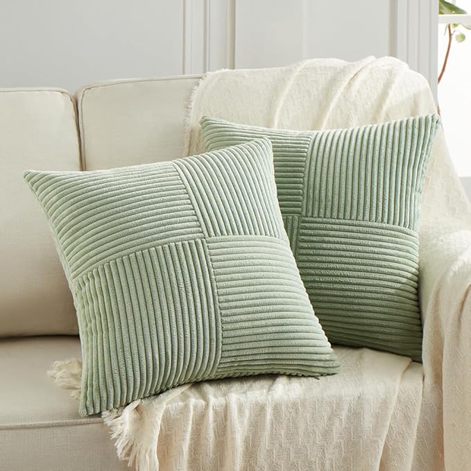 Fancy Homi 2 Packs Sage Green Samll Decorative Throw Pillow Covers 12x12 Inch with for Couch Bed Sofa, Rustic Farmhouse Boho Home Decor, Soft Corss Patchwork Corduroy Square Cushion Case 30x30 cm-Ruum Studio Home