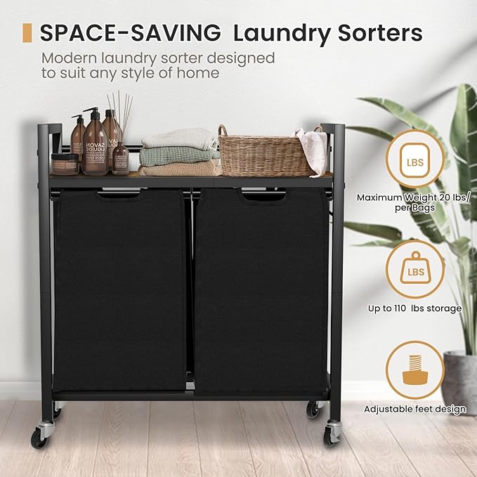 Laundry Hamper, Laundry Basket, Laundry Sorter with 2 Removable Bags, Clothes Basket with 2 Compartments, Wheels, Shelf for Laundry Room Bathroom Bedroom (2 Bags-Black)-Ruum Studio Home