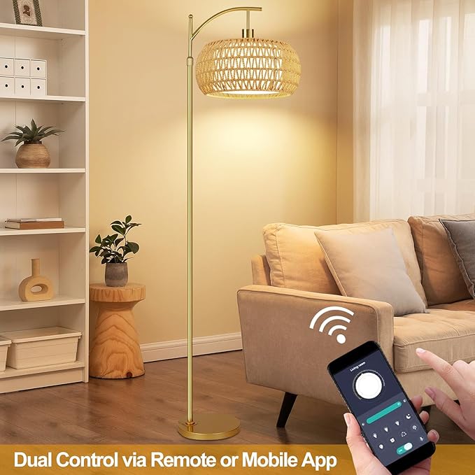 Gold Floor Lamps for Living Room Rattan Boho Floor Lamp with Remote Control,Dimmable Arc Floor Lamp Wicker LampShades Brass Standing Lamp with 3 Color Temperature Tall Floor Lamps For Bedroom Corner-Ruum Studio Home