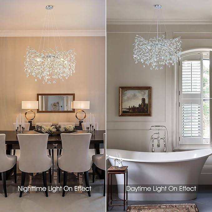 Modern Round Crystal Chandeliers, 30" Crystal Chandeliers for Dining Room,Silver Tree Branches Chandelier, for Living Room,High Ceiling,Foyer,Entryway,Kitchen Island-Ruum Studio Home