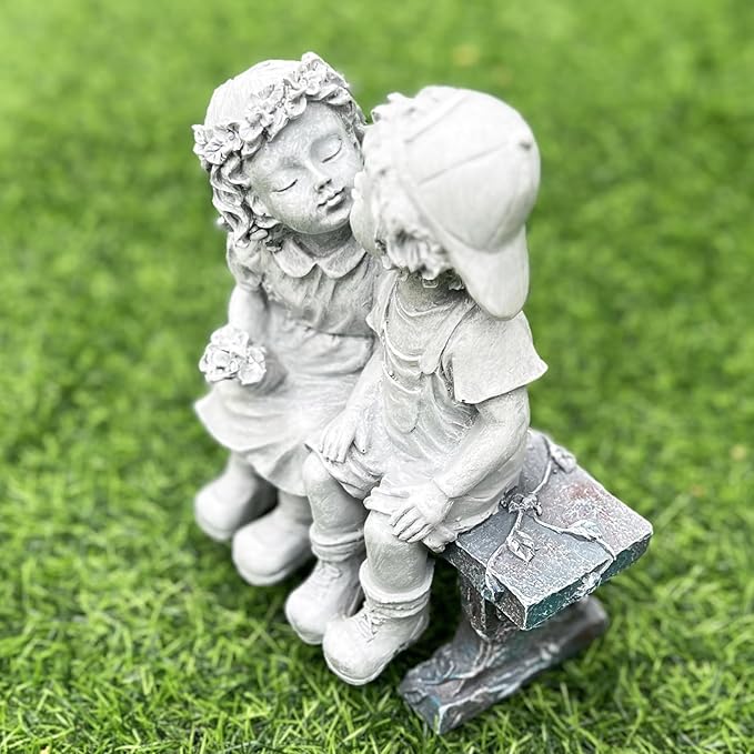 Elenon Boy and Girl Garden Statue Outdoor Decorative, Couple First Kiss Garden Sculpture for Yard Patio Art Flower Bed Decoration, 8 1/4" L x 4 3/4" W x 9" H-Ruum Studio Home