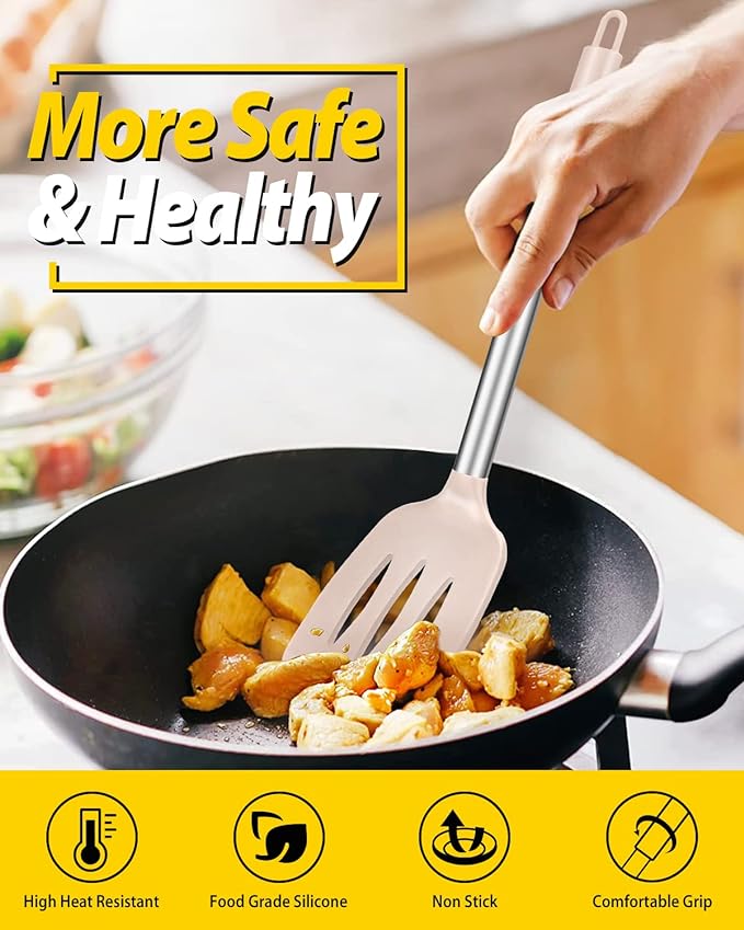 Pack of 2 Silicone Solid Turner, Non Stick Slotted Kitchen Spatulas, High Heat Resistant BPA Free Cooking Utensils, Ideal Cookware for Fish, Eggs, Pancakes(Stainless Steel Khaki)-Ruum Studio Home
