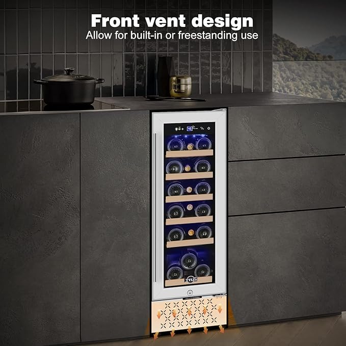 Tylza 12" Wine Cooler Refrigerator, 18 Bottle Wine Fridge Built-in or Freestanding with Stainless Steel & Double-Layer Tempered Glass Door, Compressor Fast Cooling, Low Noise and No Fog, Mini Fridge-Ruum Studio Home