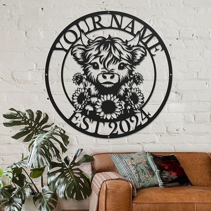 Personalized Highland Cow Name metal Signs,Custom Highland Cow Metal Shed Wall Decor,Black Metal Wall Art Plaques Outdoor wall Decorative Signage (Style E)-Ruum Studio Home