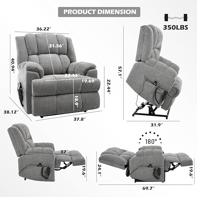 Dual Motor Power Lift Recliner Chair with Massage and Heat for Elderly People, Infinite Position, Light Grey Recliner Chair, Chenille Fabric Lift Chair-Ruum Studio Home
