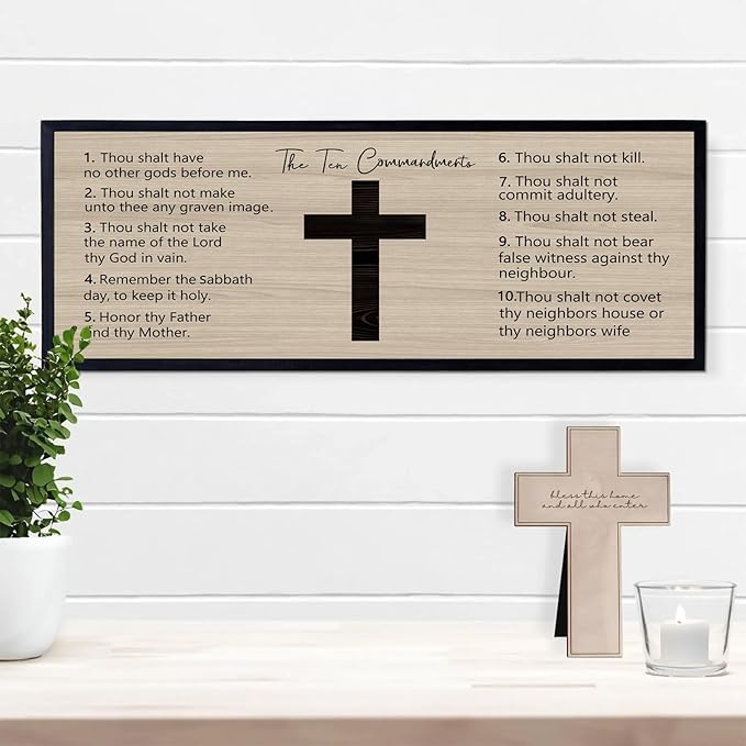 Ten Commandments Rustic Bible Verse Framed Wall Art 40" x 15" Black Religious Christian Slogan Representing God Jesus Christ Prayer Vintage Holy Inspirational Catholic Scripture Decor-Ruum Studio Home