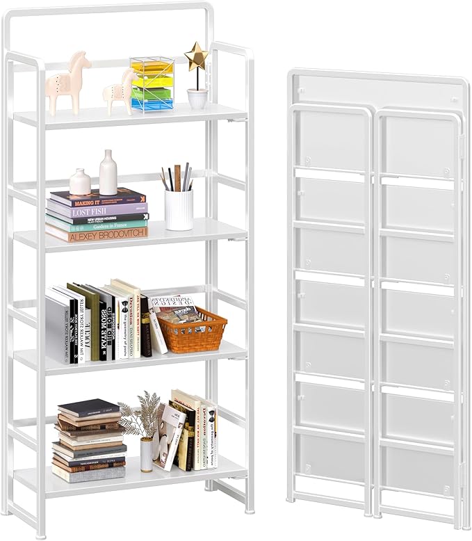 4NM No Assembly Foldable Bookshelf, 4-Shelf Collapsible Bookcase Storage for Small Spaces, 54" H, All White-Ruum Studio Home