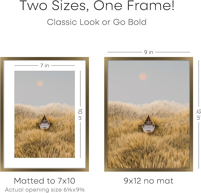 Homeforia 9x12 Frame Bronze, High End Metal 9 x 12 Brass Picture Frames with Mat 7 by 10 inch Photo, 9by12 Poster Frame Matted to 7x10, 12x9 Wall or Tabletop Frames, Tempered Glass, Wall Kit, Set of 1-Ruum Studio Home