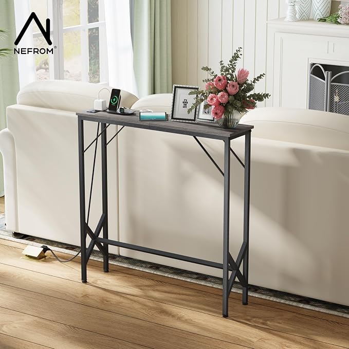 31.5‘’ Console Table, Skinny Entryway Table with Fast-Charging Station, Narrow Long Sofa Table, Behind Slim Couch Table for Entrance, Hallway, Living Room Decor ST-GY80-1-Ruum Studio Home