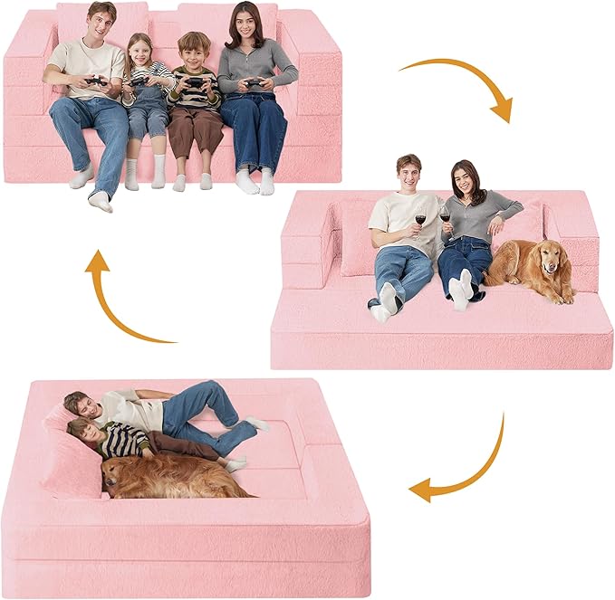 Folding Bean Bag Chair for Adults,3-in-1 Bean Bag Couch Faux Fur Floor Sofa Large Beanbag Convertible Bean Bag Sofa Bed with Pillow in Bedroom,Living Room,Apartment(Queen,Pink)-Ruum Studio Home