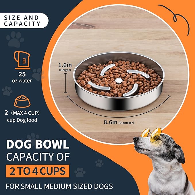 Slow Feeder Dog Bowls with Non-Slip Bottom Stainless Steel Metal Slow Feeing Bowls 3 Cups for Small Medium Dogs and Fast Eaters Slowing Down of Eating-Ruum Studio Home