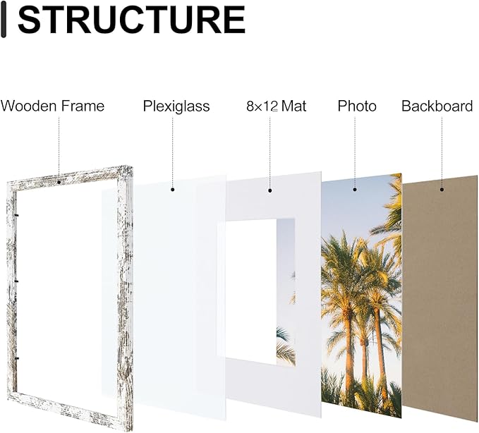 Vittanly 11x17 Picture Frames Set of 9, Shatter Resistant Plexiglass, Display 8x12 Pictures with Mat or 11x17 without Mat, Photo Frames for Wall Mount, Engineered Wood, Distressed White-Ruum Studio Home