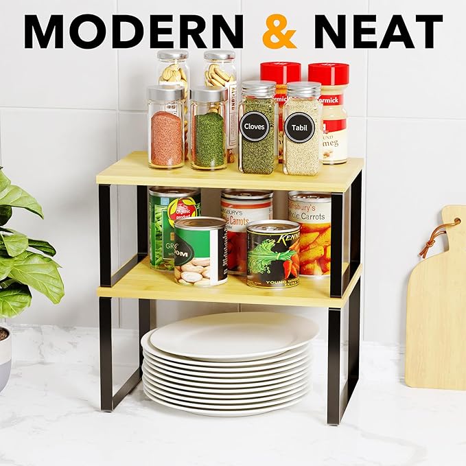 SpaceAid Cabinet Shelf Organizers 2 Pack, Kitchen Counter Rack Shelves Riser, Stackable Expandable Spice Rack, Pantry Cupboard Storage Organization (Black and Natural, Short)-Ruum Studio Home