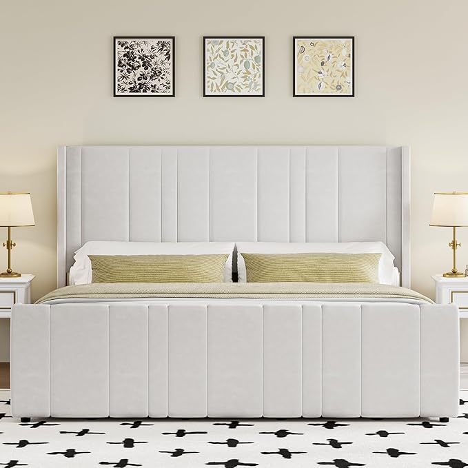 King Size Bed Frame and Headboard, Soft Velvet Upholstered Bed Frames with Vertical Channel Tufted Wingback Headboard & Footboard, Soft Bed Frame King, Noise Free, Easy Assembly, White-Ruum Studio Home