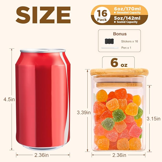 Glass Food Storage Jars Square 6oz, 16 Pack Glass Jars With Bamboo Lids, Kitchen Storage Containers For Spice, Candy, Cookie, Storage For Pantry Organizers-Ruum Studio Home