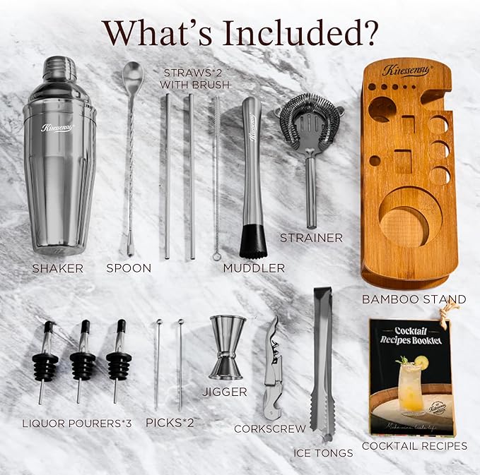 KITESSENSU Cocktail Shaker Set Bartender Kit with Stand | Bar Set Drink Mixer Set with All Essential Bar Accessory Tools: Martini Shaker, Jigger, Strainer, Mixer Spoon, Muddler, Liquor Pourers | Black-Ruum Studio Home