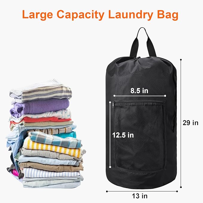 Femuar Laundry Bag Backpack Durable Laundry Bag with Shoulder Straps and Mesh Pockets Portable Laundry Dirty Clothes Hamper Bag for College Dorm (Black)-Ruum Studio Home