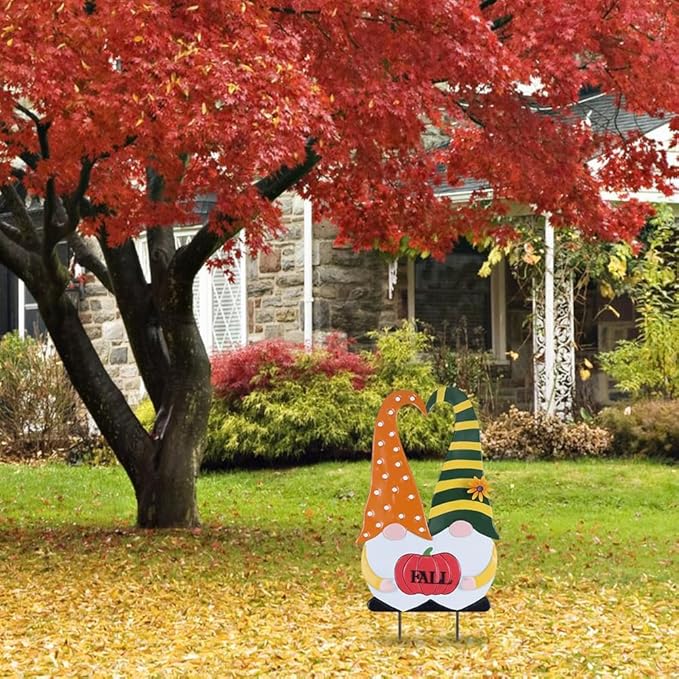 YEAHOME Outdoor Fall Decor, 2 Gnomes Decorative Garden Stake with Pumpkin for Fall Decorations, Autumn Metal Yard Signs for Home Outside Garden Porch Lawn, Thanksgiving Decorations Outdoor (YHMD-478)-Ruum Studio Home
