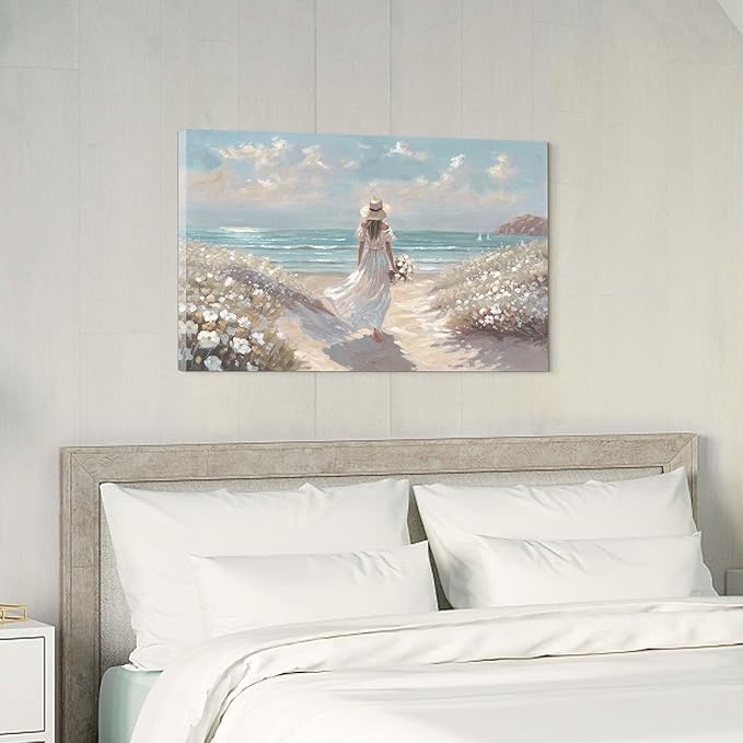 cozy country Beach Wall Art 36"x24" - Coastal Pictures Ocean Canvas Decor - Nautical Artwork Seascape Hand Painting for Girls Room, Sea House-Ruum Studio Home