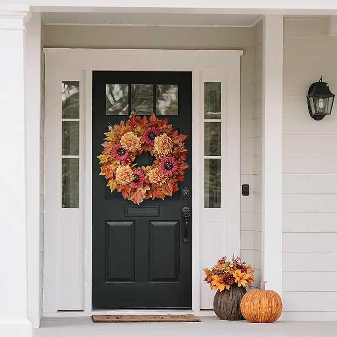 28'' Large Fall Wreath for Front Door, Porch, Window- Artificial Maple Leaves Faux Sunflower Hydrangea Pumpkins Outdoor Autumn Wreath for Home, Farmhouse Wall Thanksgiving Day Harvest Festival Decor-Ruum Studio Home