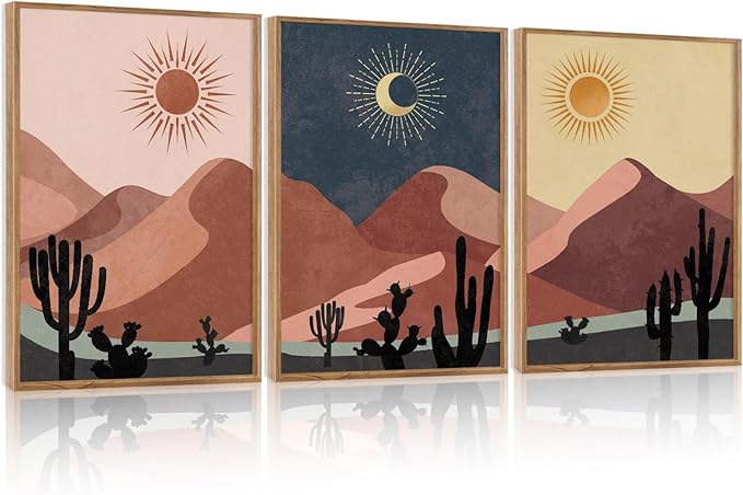 HPNIUB Boho Desert Framed Canvas Wall Art Set, Abstract Sun Moon Art Prints, Modern Cactus Paintings Artwork, Mid Century Southwestern Landscape Wall Decor for Living Room, Bedroom, Office-16 x24 x3-Ruum Studio Home