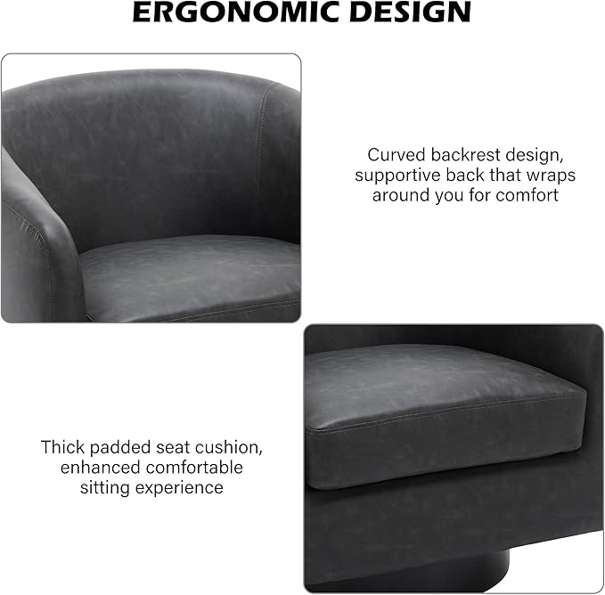 Swivel Barrel Accent Chair, Modern Round Faux Leather Arm Chair for Living Room, Bedroom, Comfy Club Reading Chairs for Adults(Faux Leather, Black Grey, Set of 1)-Ruum Studio Home