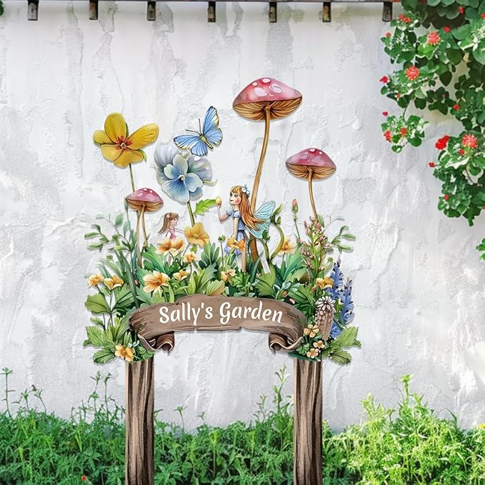 Personalized Cute Fairy Metal Sign with Stake,Custom Gardener Family Name Signs Outdoor Decor,Customized Butterfly Gardening Gifts for Mother,Flowers Plaques Decorate for Garden Patio Lawn Porch Yard-Ruum Studio Home