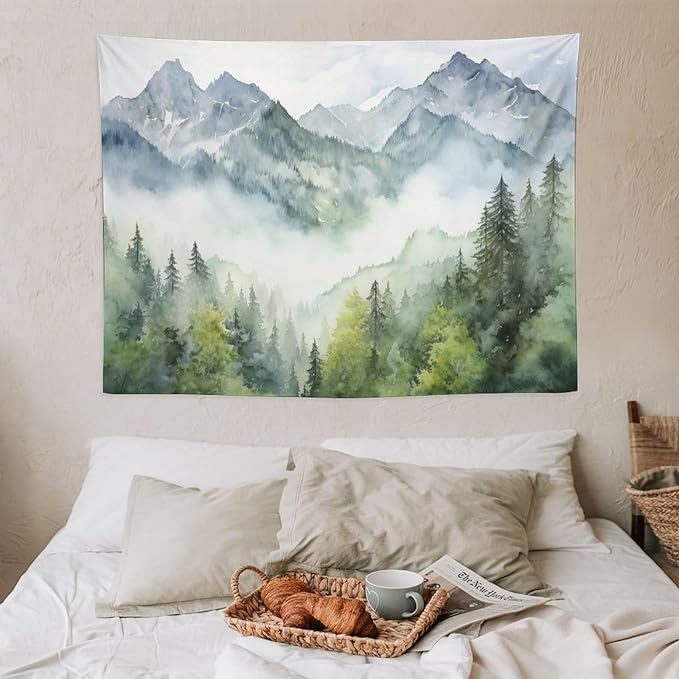 HZOHNAGO Mountain Tapestry Misty Green Forest Mountain Pattern Printed Wall Tapestry Wall Hanging for Bedroom Living Room Dorm 40" W x 30" H-Ruum Studio Home
