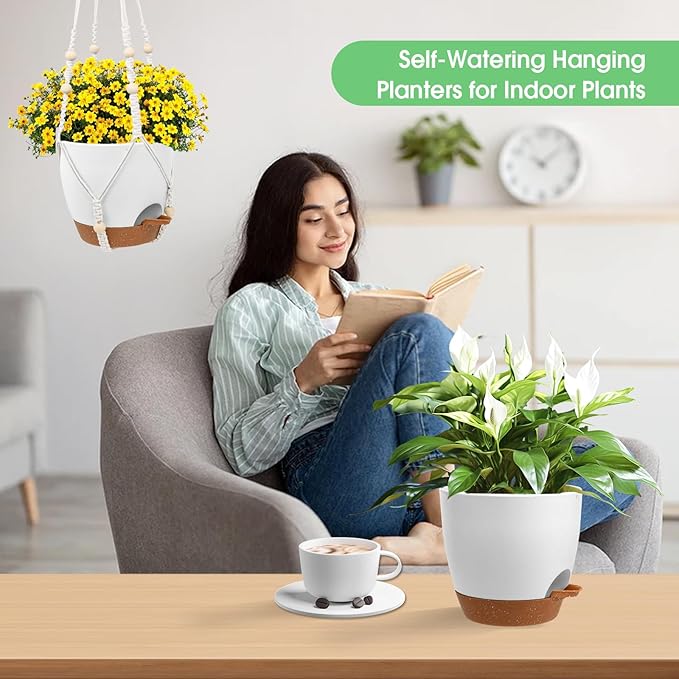 Hanging Planters for Indoor Outdoor Plants, 2 Pack Self Watering Hanging Pots, Hanging Plant Baskets with Drainage Holes & 2 Types of Plant Hangers (Green, 6'')-Ruum Studio Home