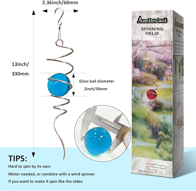 Gazing Ball Spiral Decorative Wind Spinner Tail with Blue Glass Orb,Wind Spinner Spiral Stabilizer,Hanging Visual Illusion in Spinning Yard Art Decor,Indoor Outdoor Garden Decoration-13 in-Ruum Studio Home