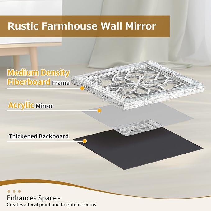 Boho Square Wall Mirrors Set of 2-12" x12'Decorative Mirrors for Wall Decor, BrownHandcrafted Mirror Panels Perfect for LivingRoom Bedroom Entryway Hallway (Grey)-Ruum Studio Home
