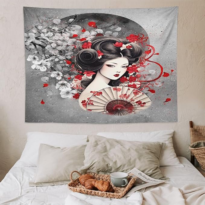 Japanese Geisha Tapestry Asian Red Cherry Blossom Red Sun Traditional Kimono Folk Tapestries Home Decor for Living Room Bedroom Apartment Farmhouse Dorm 80"x60"-Ruum Studio Home