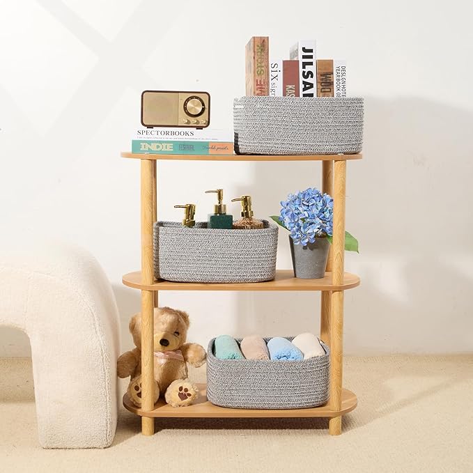 Small Storage Baskets for Organizing | Closet Organizer Bins | Shelf Toy Basket | Woven Rope Baskets | Cube Decorative Box | Shallow Basket | 13x8.5x5.1” | 4 Packs Mixed Grey-Ruum Studio Home