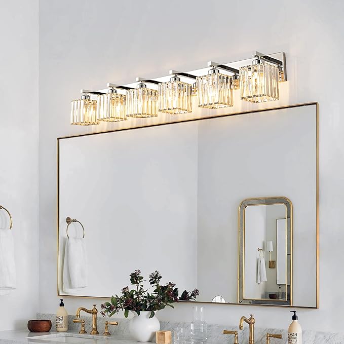 Modern 6-Light Chrome Crystal Bathroom Vanity Light Fixtures-Ruum Studio Home