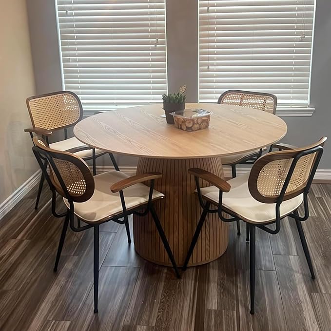 Rattan Dining Room Chairs Set of 2,Mid Century Modern Kitchen Side Chairs,Metal Legs Desk Chairs,Green Modern Corduroy Fabric Accent Chairs with Arms and Rattan Backrest-Ruum Studio Home