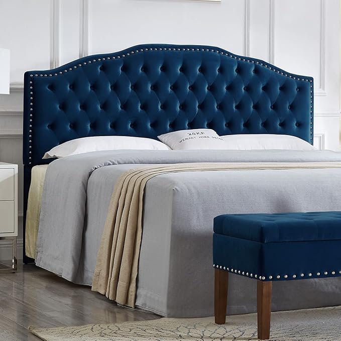 24KF Upholstered Button Tufted King Headboard with Nailhead Trim, Soft Velvet Fabric Headboard King/CA King - Navy-Ruum Studio Home