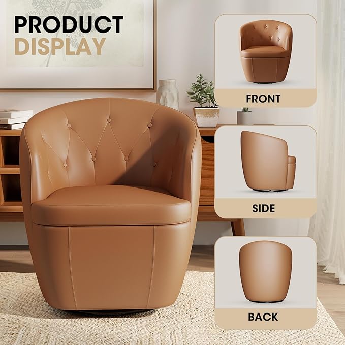 360° Swivel Leather Accent Chair, Modern Barrel Club Chair with Leather Upholstery and Sturdy Base, Comfortable Armchair for Living Room, Bedroom, Reading Nook, Brown-Ruum Studio Home