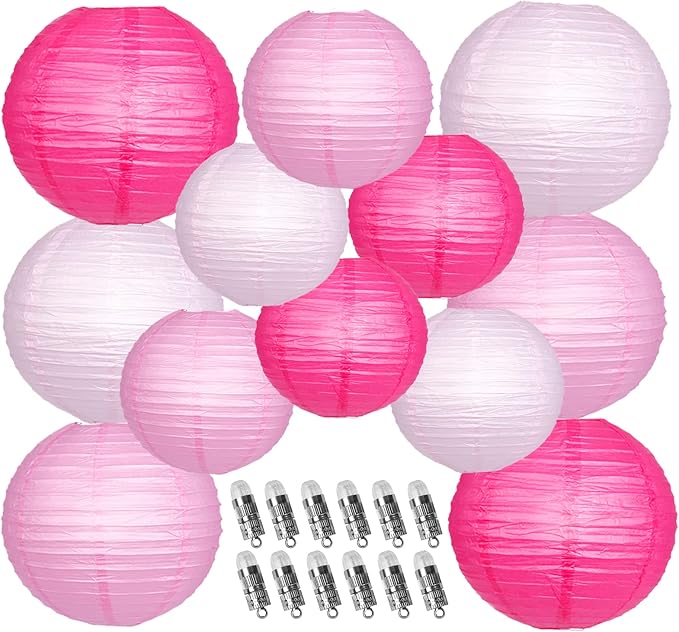 Paper Lanterns Decorative, Pink Hanging Round Chinese Lanterns with Lights for Engagement Bachelorette Birthday Party 12 LED Light Pack of 12-Ruum Studio Home