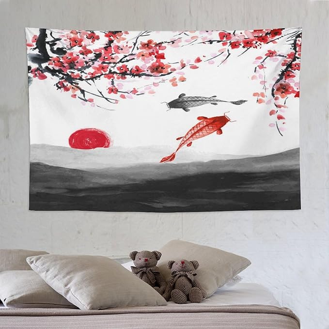 Houselerax Japanese Koi Fish Tapestries, Cherry Blossoms Asian Oriental Flower Branch Koi Fish Carp Tapestry Wall Hanging for Bedroom Living Room Office Decor 90"x60"-Ruum Studio Home